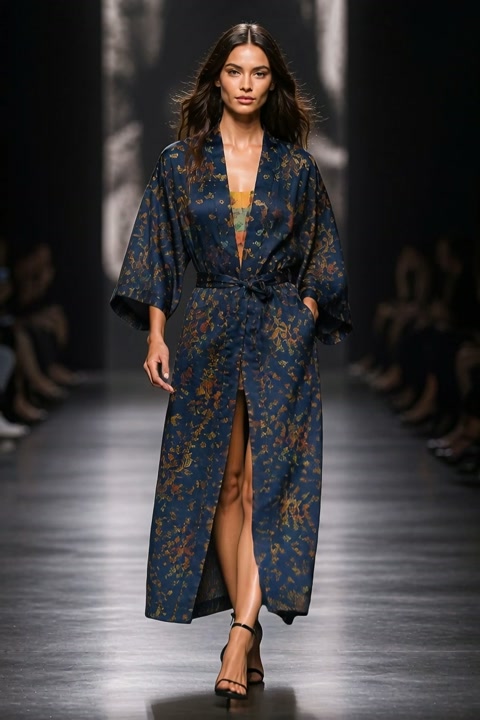 Elegant Blue Floral Kimono Robe