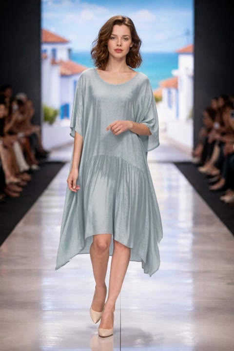 Blue Midi Dress, Oversized Italian Cotton Silk, Size XL