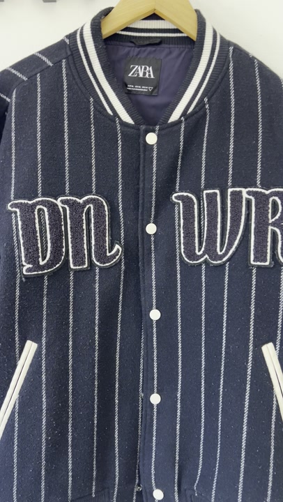 Zara Navy and White Pinstripe Varsity Bomber Jacket